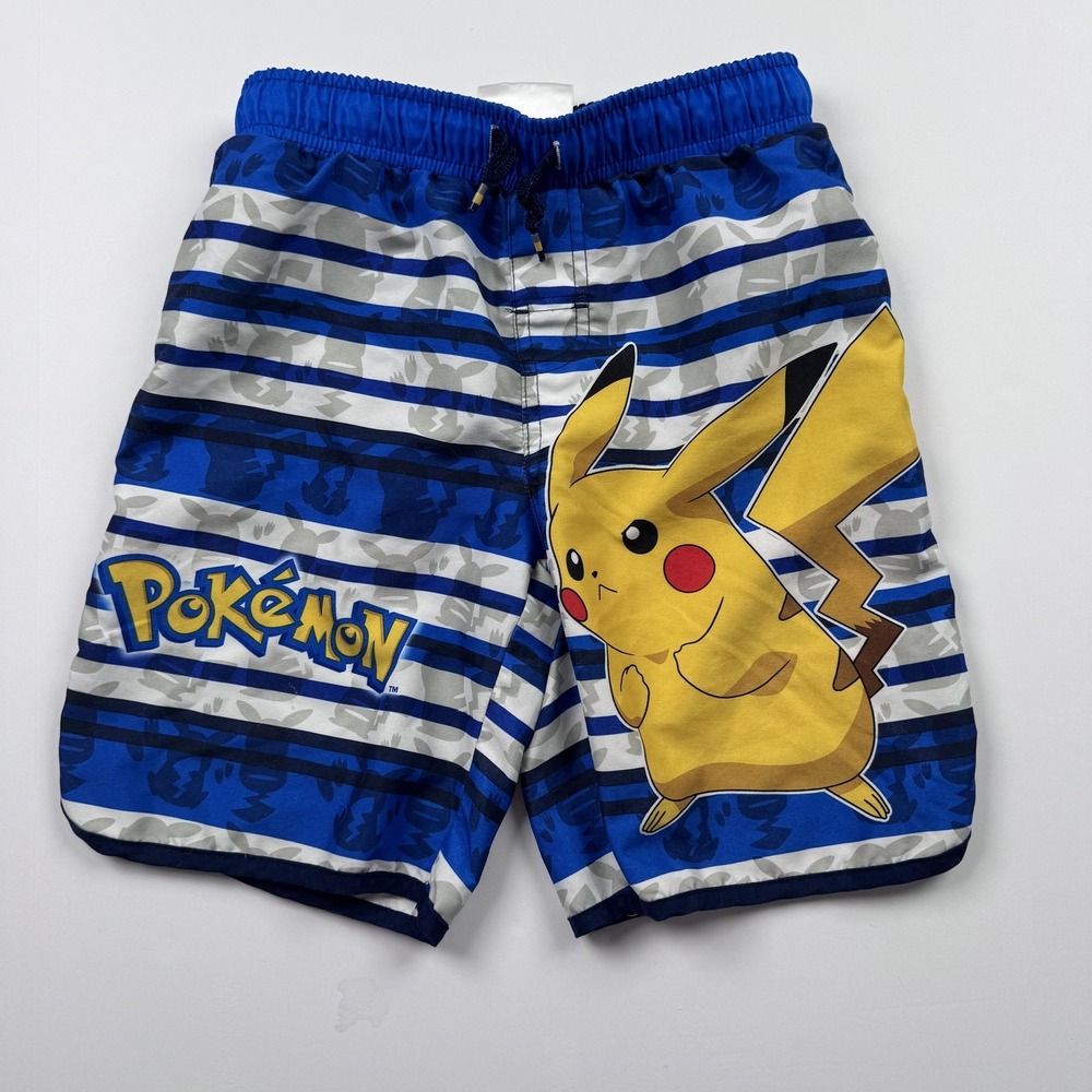 Pokemon Pikachu Swim Trunks Boys 8 (23x7) Blue Striped Board Shorts Bathing Suit